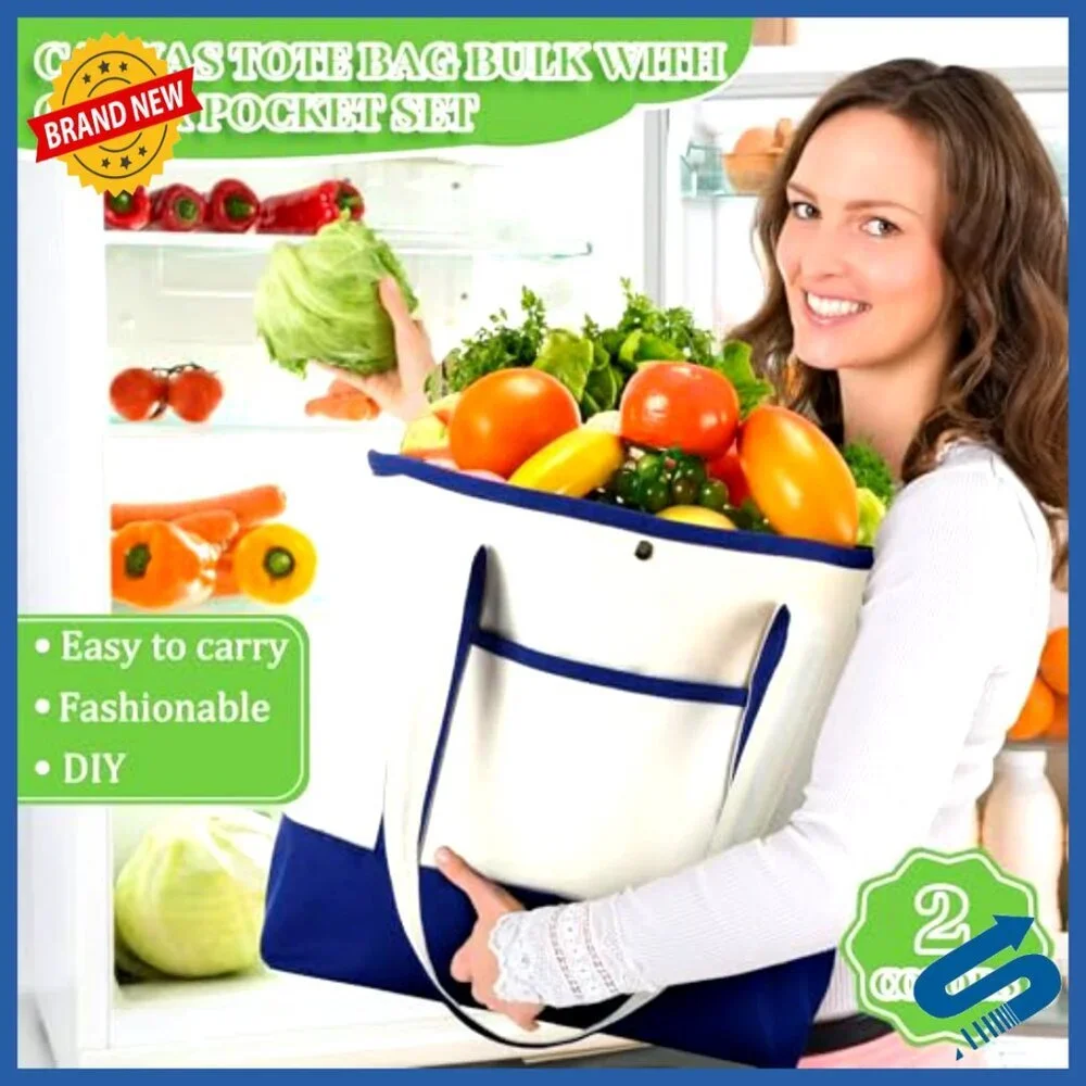Canvas Tote Bags Bulk Pack Reusable Shopping Bags with Pockets Handles